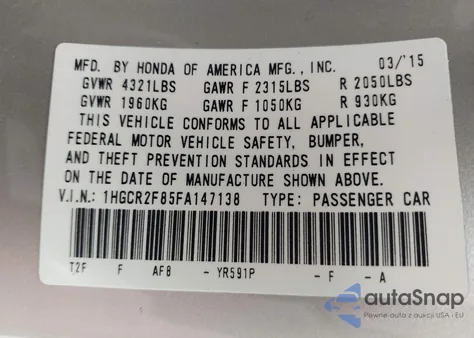 2015 Honda Accord Ex-L from USA, damaged, VIN 1HGCR2F85FA147138